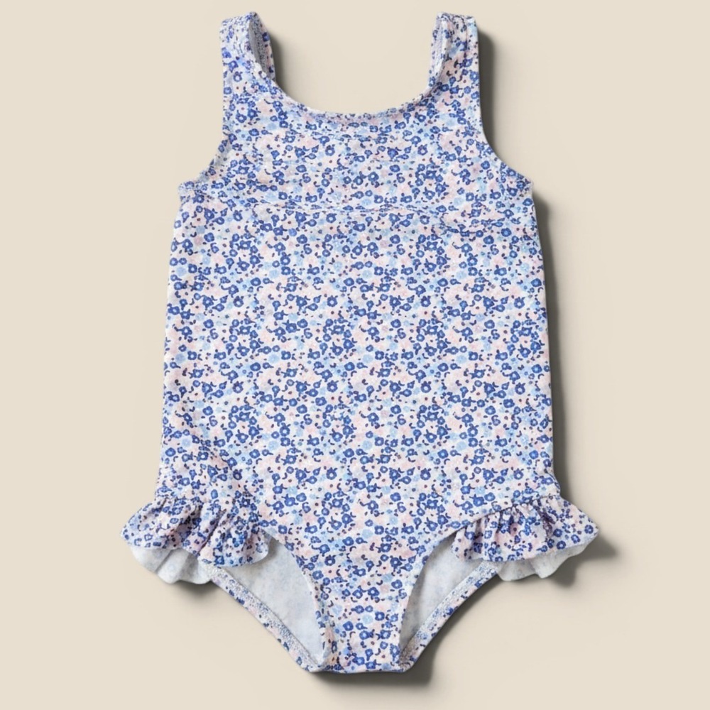 M&S Kids Blue‎ Floral Ditsy Ruffle One Piece Swimsuit Age 1.5-2 Years